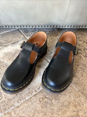 Dr. Martens Kids Black T-Bar Shoes with Yellow Stitching
